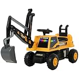 AIYAPLAY Sitzbagger Aufsitzbagger mit Schaufel Lenkrad Kinderbagger mit drehbar Aufbau verstellbar Rückenlehne Rutschauto Spielzeugbagger zum Sitzen bis 25kg, Draufsitzen für Kinder 1,5-3 Jahre Gelb