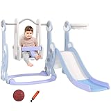 AIYAPLAY Rutsche 4-in-1 Kleinkinderrutsche mit Basketballkorb, Klettergerüst, Schaukel, Kinder Spielplatz mit Raketendesign Kinderrutsche für Outdoor und Indoor 1,5-4 Jahren Kinder Hellblau