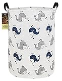 HUNRUNG Laundry Hamper,Large Canvas Fabric Lightweight Storage Basket Toy Organizer Dirty Clothes Collapsible Waterproof for College Dorms, Children Bedroom,Bathroom(Round whale)