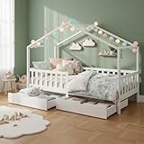 Bellabino Bia Kinderbett 90x200 cm – Hausbett mit Rausfallschutz, Lattenrost & 2 Schubladen – Montessori Kinder Bett aus Massivholz Kiefer – Bett für Jungen und Mädchen mit Stauraum in Weiß