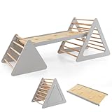 DREAMADE 3 in 1 Kletterdreieck mit Rampe & Leiter, Holzdreieck Sprossendreieck Klettergerät, Kletterspielzeug aus Holz, klappbar Indoor Klettergerüst für Kinder ab 3 Jahre (Grau)