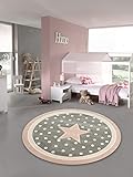 Kinderteppich Spielteppich Babyteppich rund mit Stern in Rosa Grau Weiss Größe 120 cm Rund