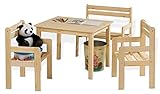 Home4You Kindersitzgruppe 4-teilig - mit Kindertisch, Sitzbank & 2 Stühlen - Braun - Kiefernholz Massiv - Sitzgruppe Kindertischgruppe Holzsitzgruppe