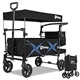 Sekey Faltbarer Bollerwagen mit Dach 2 Kinder, Bollerwagen Faltbar Kinder 100KG Tragkraft mit stoßfesten PU-Rädern, Handwagen mit Schiebegriff, Upgrade-Version TP5050, Schwarz