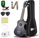 Everjoys Sopran Ukulele Set für Kinder und Erwachsene 21 Zoll Ukulele Starter Kit mit Tasche, Tuner, Songbook, Saiten, Pick, Kleine Hawaii Gitarre Schwarz