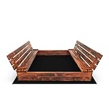 SunWood Sandkasten 160x160 cm Imprägniert Premium Sandbox mit Abdeckung Sitzbänken Deckel Plane Sandkiste Holz Kiefer Sandkastenvlies XL XXL (Imprägniert)
