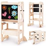 Woodure Lernturm ab 1 Jahr | 3 in 1 Learning Tower für Kinder | Klappbare Tritthocker mit Tafel | Lernturm Für Kinder, für Küche Tisch Bad