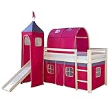 Homestyle4u 539, Kinder Hochbett Mit Rutsche, Leiter, Turm,Tunnel, Vorhang Pink, Massivholz Weiß, 90x200 cm