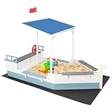 DREAMADE Piratenschiff Sandkasten mit Dach, Sandkasten aus Tannenholz mit Sitzbank, Stauraum, Bodenplane & Flaggen, Sandbox Sandkiste für Garten, Strand & Hof, für Kinder ab 3 Jahren
