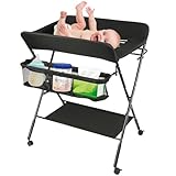 Baby Wickelkombi - klappbare Wickelkommode, mobiler Wickeltisch mit Wickelauflage, Sicherheitsgurt und Ablagefächern, platzsparend & stabil 80 * 66 * 98cm (Schwarz)