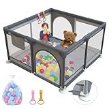 Laufstall Baby 120x120cm, Laufgitter Baby mit 2 Zugringen, Kinder Laufgitter mit Atmungsaktivem Netz und Reißverschluss für Kleinkinder, Dunkelgrau