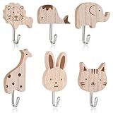 DOPENSPI 6 Stück Süße Tier Kinder Kleiderhaken, Selbstklebende Kinder Garderobenhaken aus Holz mit Cartoon Tiermotiven für Kinderzimmer, Babyzimmer, Schlafzimmer und Küchen