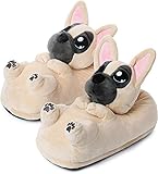 corimori Süße Plüsch Hausschuhe (10+ Designs) Frenchie „Zorro“ Slipper Einheitsgröße 34-44 Unisex Pantoffeln Beige Schwarz