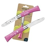 OPINEL Mein erstes Kindermesser mit persönlicher Gravur – sicheres Holzmesser für Kinder | vorne abgerundete Spitze | rostfrei | Virobloc | Geschenk (Pink)