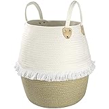 La Jolíe Muse Wäschekorb Aufbewahrungskorb aus Baumwolle Seil, Kinderzimmer Wohnzimmer Badzimmer, Wäschesammler, Groß Stabile mit Griff, H40 x D38cm Cremefarben