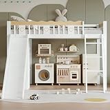 Arhatreya Hochbett 90x200 cm, Kinderbett mit Rutsche, Holzbett mit Kleiderschrank, Bett mit Vierseitiger Zaun für Kinder Schlafzimmer (Ohne Matratze) Weiß+Natur