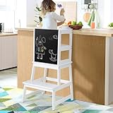 KIDINIX Kinder Lernturm ab 1 Jahr, Learning Tower mit Tafel, Abnehmbarer Sicherheitsarmlehnen als Tritthocker, Montessori Lernstuhl für Küche und Badezimmer, Kippschutz, Weiß