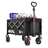 SUNULA Bollerwagen Faltbar Klein 80L 100KG, Faltbarer Bollerwagen Klappbarer Handwagen mit Halbiertem Eigengewicht, Bollerwagen Geländegängig mit Bremsen, Schwarz