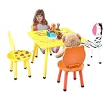 Childlike Behavior Kindertisch - Kindersitzgruppe Gelb Orange Weiß Holz mit Tierdesign - Kindertisch mit Stühlen - Geeignet für Spielen Malen Lesen Essen, und Innenbereich Klassenzimmer - 60x60x43 cm