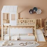 Moimhear Etagenbett mit rechtwinkliger Leiter und Rutsche, Hausbett mit Dach und Fenster, Kinderbett mit Fallschutz und Gitter, Rahmen aus Kiefer, Natur+Weiß (90x200cm)