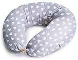 Niimo XXL 2-in-1 Schwangerschaftskissen & Stillkissen - 100% Baumwollbezug mit Faserfüllung, 100% Waschbar, Ergonomisch & Multifunktional, Grau mit weißen Herzen (200 x 70 cm)