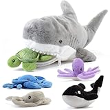 Prextex 38 cm großer Plüsch-Hai Plus 5 weiche Plüsch-Meerestiere, Kuscheltiere Stofftiere wie Oktopus, Krabbe, Schildkröte, Stachelrochen und Blauwal