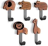 BIROYAL Garderobenhaken Kinder, Kleiderhaken Garderobe Kinder in Tierform, Kinder Kleiderhaken aus Walnussholz, Kleiderhaken Wand Kinder, Löwe/Elefant/Nilpferd/Giraffe/Nashorn(5 schwarze Metallhaken)