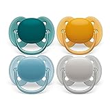 AVENT ultra soft Schnuller - 4er Pack, BPA-freier, extra weicher Schnuller für Babys von 6-18 Monaten, inklusive Transport- und Sterilisationsbox, Sortiert (orange/blau/grau)