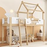 Kinderbett Hausbett 90x200, Hochbett Etagenbett mit Dach&Leiter, Freier Stauraum unter Bett, Holzbett Jugendbett Einzelbett Bettgestell mit Rausfallschutz&Lattenrost, Kiefer, Ohne Matratze, Weiß+Natur