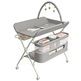Supfine Wickeltisch klappbar, Mobiler Wickeltisch mit Seitlichem Korb und Kleiderstange, Höhenverstellbar, mit Feststellbaren Rollen und 3 Hängende Sterne (Grau, 5 in 1)