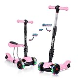 YOLEO 3-in-1 Kinder Roller Scooter mit Abnehmbarem Sitz, PU Räder, Höheverstellbare Lenker für Kleinkinder Jungen Mädchen ab 2 Jahre(Rosa)