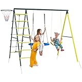 Outsunny Kinderschaukel-Set, 4 in 1 Schaukelgerüst Schaukelgestell mit 2 Schaukeln, Basketballkorb, Kletterleiter, Gartenschaukel für 3-8 Jahre Kinder, Stahl, Gelb