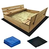 Muntel Sandkasten, Sandkasten Inklusive Bodentuch und Abdeckplane, Kindersandkasten,Sandkiste mit Bank, Holz, Imprägniert, Sitzbank,Mit klappbaren Bänken 120x120x20 cm