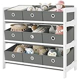 Lestarain Kinderregal mit 9 Boxen, Bücherregal Kinder, Spielzeug Aufbewahrung, Montessori Spielzeugregal, Regal Kinderzimmer Spielzimmer Kindergarten, 63,5x58x29,5 cm, Holz, Weiß Grau