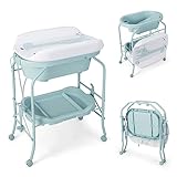 COSTWAY 4 in 1 Wickeltisch klappbar mit Badewanne, tragbare Wickelkommode mit Wickelauflage, mobile Wickelstation mit Universalrädern für 0-12 Monate Baby, bis 35 kg belastbar (Blau)