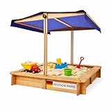 Bestlivings Sandkasten mit Dach höhenverstellbar 98x98x17 cm aus Holz – UV & wasserfest – Absenkbares Dach als Abdeckung – Robuster Buddelkasten für Kinder