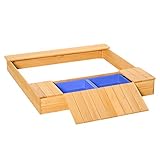 Outsunny Sandkasten Staubdichte Sandkasten mit Dach Holzsandkasten mit 2 Aufbewahrungsbox 3-6 Jahren Natur+Blau 125 x 121 x 17,5 cm