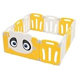 Joyz Laufstall Baby 120×120 cm, Laufgitter faltbar, Panda-Design, Weiß-Gelb, Absperrgitter mit Tür und Lernuhr, Playpen aus Kunststoff, Babyzaun, Kinderlaufstall Innen/Außen, Krabbelgitter für Kinder