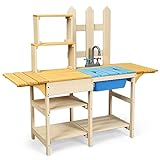 COSTWAY Matschküche mit Wasserhahn, Kinderküche Holz, Outdoor Küche, Holzküche, Spielküche, Spielzeugküche für Kinder ab 3 Jahren, 109 x 38 x 100 cm