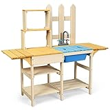 COSTWAY Matschküche Kinder Outdoor, Kinderküche Holz, Spielküche mit Wasserhahn & abnehmbarer Spüle & Arbeitsplatte, Outdoor Küche Spielzeugküche für Kinder ab 3 Jahren