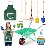 Tigvio 10 Stück Kinder Gartengeräte mit Schubkarre Kinder, 5pcs Gartenwerkzeug Kinder Schaufel Set, Handschuhe, Schürze, Gießkanne Kinder, Aufbewahrungstasche, Kinderschubkarre Geschenk für Gärtner