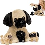 MorisMos 35cm hoch sitzend riesen Mops Hund Kuscheltier XXL mit 3 welpen im Bauch, 4 stücke mops Plüschtier Set,Plüschmops Stofftier pugteddy Geschenk für Kinder Mädchen