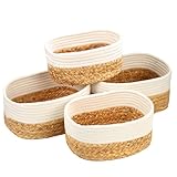 Aevcvok 4er Aufbewahrungskorb Set, Korb Geflochten aus Wasserhyazinthe und Baumwolle, Aufbewahrung Storage Basket Aufbewahrungskörbe Körbe Badezimmer Regalkörbe für Schlafzimmer Wickeltisch - Weiß
