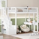 Merax Hochbett 90 x 200 cm, mit Schreibtisch, multifunktionales Kinderbett 1 Platz mit Stauraumtreppen, einfache Montage, Weiß (ohne Matratze)