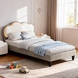 Artswish Kinderbett Polsterbett 90x200 cm mit RGB-LED-Beleuchtung und Höhenverstellbar Wolken-Kopfteil, Samt, Grau-Weiß (ohne Matratze)