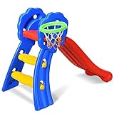 COSTWAY Kinder Rutsche mit Basketballkorb, Rutschbahn klappbar, Kinderrutsche, Gartenrutsche, Wellenrutsche, Kleinkinderrutsche für Indoor und Outdoor