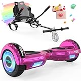 MEGA MOTION Hoverboards 6,5 Zoll mit Hoverkart für Kinder und Jugendliche，Selbstausgleichender, einfach zu steuern, rutschfeste Gestaltung, mit LED-Licht und Bluetooth-Lautsprecher (Rose+Schwarz)