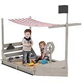 Outsunny Sandkasten Sandkiste groß mit Abdeckung im Schiff Design Matschekiste aus Holz Segelschiff Spielhaus mit Küchenspielset Aufbewahrung für Kinder 3-7 Jahre Grau 180 x 103 x 144,5 cm