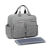 KONO Baby Wickeltasche Windeltasche zum Aufhängen am Kinderwagen, große Weekender Reisetasche für Mama & Papa mit isolierten Fächern, Wickelauflage, wasserdicht und leicht (37x37x14,5cm)(Grau)