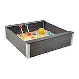 Relaxdays Sandkasten, HxBxT: 32 x 115 x 115 cm, WPC, wetterfest, 2 Sitzflächen, Sandkiste für Garten, Sandbox, anthrazit